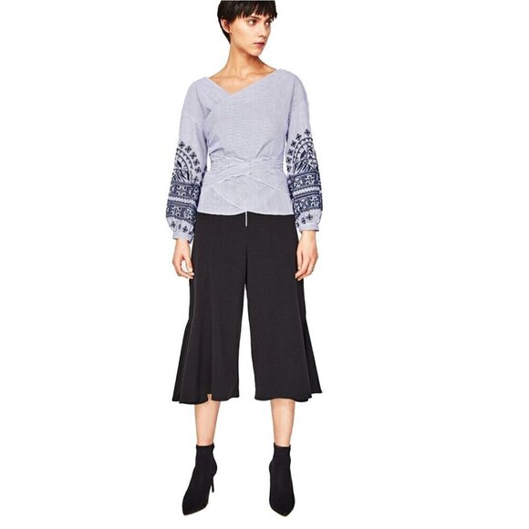 Zara Boho Striped Wrap Top Embroidered Bishop Sleeve Artsy Eclectic Size M - Picture 2 of 16